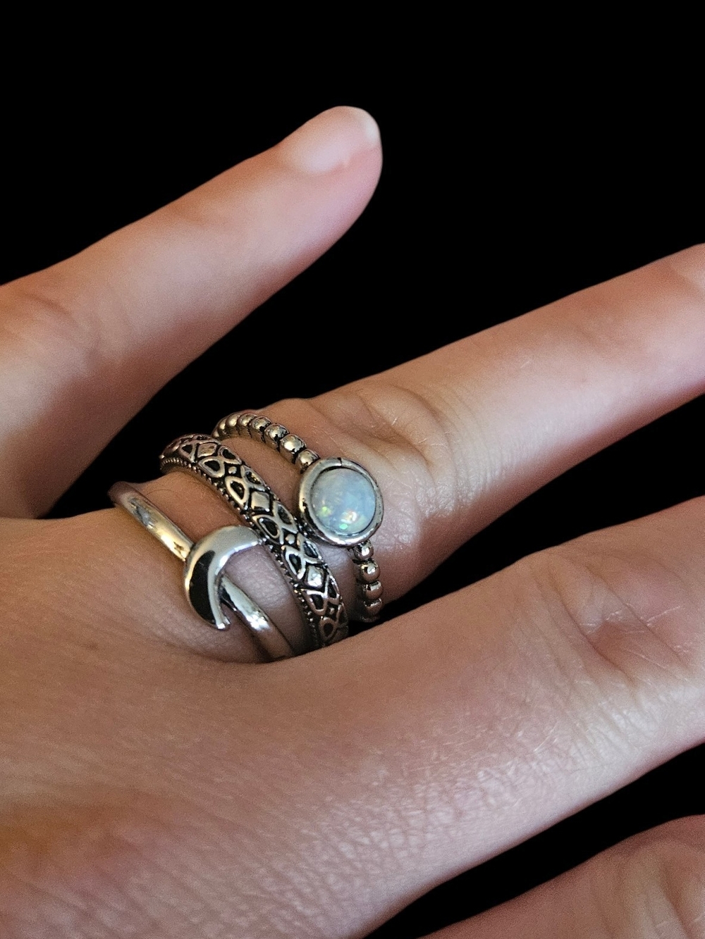 Sterling Silver Opal Stacking Rings - Iridescent White